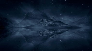 Soyut manzara ve adanın olduğu gelecekteki fantezi gece manzarası, ay ışığı, aydınlık, ay, neon. Suda ışık yansıması olan karanlık doğal bir sahne. Neon uzay galaksisi portalı. 3B illüstrasyon. 