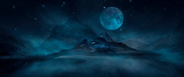 Soyut manzara ve adanın olduğu gelecekteki fantezi gece manzarası, ay ışığı, aydınlık, ay, neon. Suda ışık yansıması olan karanlık doğal bir sahne. Neon uzay galaksisi portalı. 3B illüstrasyon. 