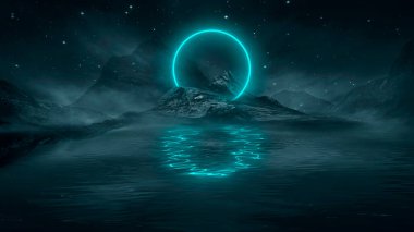 Soyut manzara ve adanın olduğu gelecekteki fantezi gece manzarası, ay ışığı, aydınlık, ay, neon. Suda ışık yansıması olan karanlık doğal bir sahne. Neon uzay galaksisi portalı. 3B illüstrasyon. 