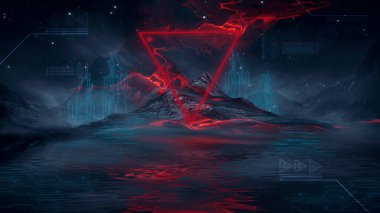 Soyut manzara ve adanın olduğu gelecekteki fantezi gece manzarası, ay ışığı, aydınlık, ay, neon. Suda ışık yansıması olan karanlık doğal bir sahne. Neon uzay galaksisi portalı. 3B illüstrasyon. 