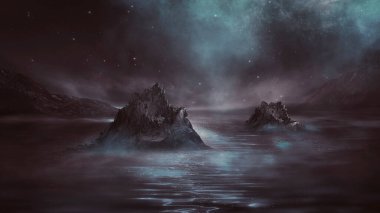 Soyut manzara ve adanın olduğu gelecekteki fantezi gece manzarası, ay ışığı, aydınlık, ay, neon. Suda ışık yansıması olan karanlık doğal bir sahne. Neon uzay galaksisi portalı. 3B illüstrasyon. 