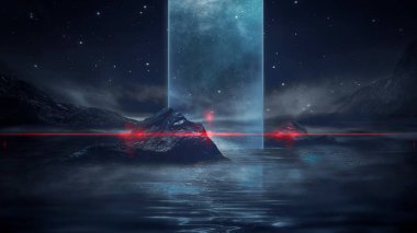 Soyut manzara ve adanın olduğu gelecekteki fantezi gece manzarası, ay ışığı, aydınlık, ay, neon. Suda ışık yansıması olan karanlık doğal bir sahne. Neon uzay galaksisi portalı. 3B illüstrasyon. 