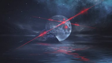 Soyut manzara ve adanın olduğu gelecekteki fantezi gece manzarası, ay ışığı, aydınlık, ay, neon. Suda ışık yansıması olan karanlık doğal bir sahne. Neon uzay galaksisi portalı. 3B illüstrasyon. 
