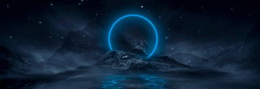 Soyut manzara ve adanın olduğu gelecekteki fantezi gece manzarası, ay ışığı, aydınlık, ay, neon. Suda ışık yansıması olan karanlık doğal bir sahne. Neon uzay galaksisi portalı. 3B illüstrasyon. 