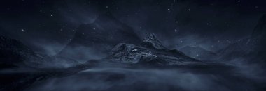 Soyut manzara ve adanın olduğu gelecekteki fantezi gece manzarası, ay ışığı, aydınlık, ay, neon. Suda ışık yansıması olan karanlık doğal bir sahne. Neon uzay galaksisi portalı. 3B illüstrasyon. 