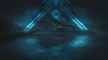 Soyut manzara ve adanın olduğu gelecekteki fantezi gece manzarası, ay ışığı, aydınlık, ay, neon. Suda ışık yansıması olan karanlık doğal bir sahne. Neon uzay galaksisi portalı. 3B illüstrasyon. 