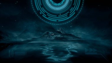 Soyut manzara ve adanın olduğu gelecekteki fantezi gece manzarası, ay ışığı, aydınlık, ay, neon. Suda ışık yansıması olan karanlık doğal bir sahne. Neon uzay galaksisi portalı. 3B illüstrasyon. 