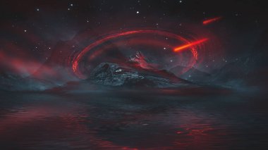 Soyut manzara ve adanın olduğu gelecekteki fantezi gece manzarası, ay ışığı, aydınlık, ay, neon. Suda ışık yansıması olan karanlık doğal bir sahne. Neon uzay galaksisi portalı. 3B illüstrasyon. 