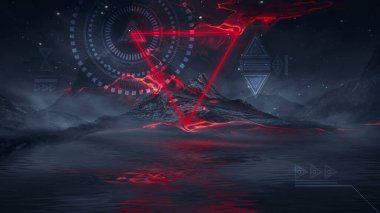 Soyut manzara ve adanın olduğu gelecekteki fantezi gece manzarası, ay ışığı, aydınlık, ay, neon. Suda ışık yansıması olan karanlık doğal bir sahne. Neon uzay galaksisi portalı. 3B illüstrasyon. 