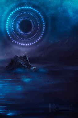 Soyut manzara ve adanın olduğu gelecekteki fantezi gece manzarası, ay ışığı, aydınlık, ay, neon. Suda ışık yansıması olan karanlık doğal bir sahne. Neon uzay galaksisi portalı. 3B illüstrasyon. 