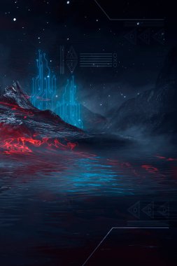 Soyut manzara ve adanın olduğu gelecekteki fantezi gece manzarası, ay ışığı, aydınlık, ay, neon. Suda ışık yansıması olan karanlık doğal bir sahne. Neon uzay galaksisi portalı. 3B illüstrasyon. 