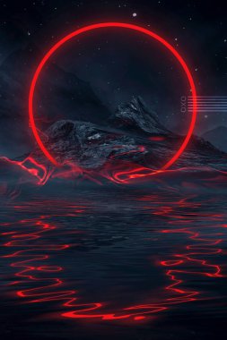 Soyut manzara ve adanın olduğu gelecekteki fantezi gece manzarası, ay ışığı, aydınlık, ay, neon. Suda ışık yansıması olan karanlık doğal bir sahne. Neon uzay galaksisi portalı. 3B illüstrasyon. 