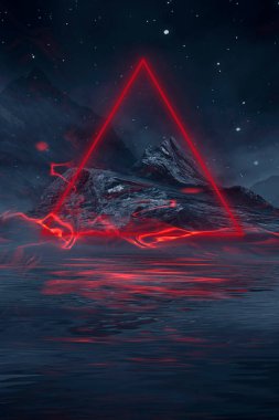 Soyut manzara ve adanın olduğu gelecekteki fantezi gece manzarası, ay ışığı, aydınlık, ay, neon. Suda ışık yansıması olan karanlık doğal bir sahne. Neon uzay galaksisi portalı. 3B illüstrasyon. 