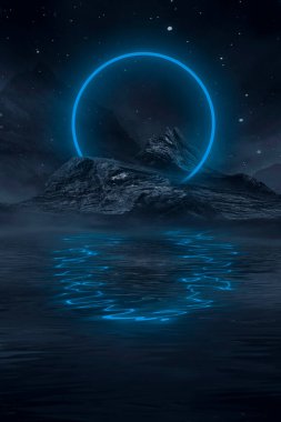 Soyut manzara ve adanın olduğu gelecekteki fantezi gece manzarası, ay ışığı, aydınlık, ay, neon. Suda ışık yansıması olan karanlık doğal bir sahne. Neon uzay galaksisi portalı. 3B illüstrasyon. 