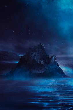 Soyut manzara ve adanın olduğu gelecekteki fantezi gece manzarası, ay ışığı, aydınlık, ay, neon. Suda ışık yansıması olan karanlık doğal bir sahne. Neon uzay galaksisi portalı. 3B illüstrasyon. 