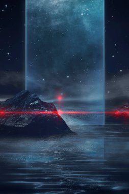 Soyut manzara ve adanın olduğu gelecekteki fantezi gece manzarası, ay ışığı, aydınlık, ay, neon. Suda ışık yansıması olan karanlık doğal bir sahne. Neon uzay galaksisi portalı. 3B illüstrasyon. 