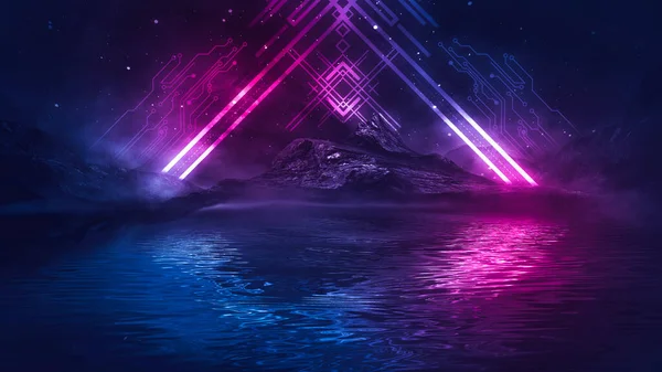 Futuristic fantasy night landscape with abstract landscape and island, moonlight, radiance, moon, neon. Dark natural scene with light reflection in water. Neon space galaxy portal. 3D illustration.