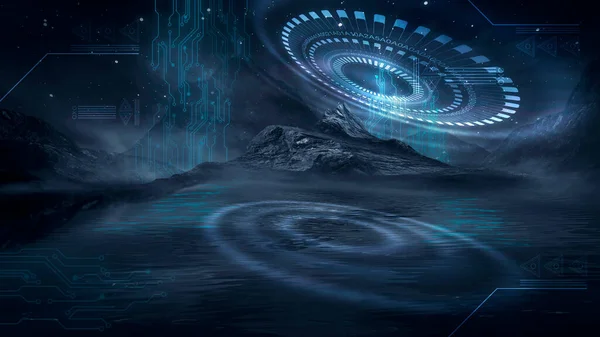 Futuristic fantasy night landscape with abstract landscape and island, moonlight, radiance, moon, neon. Dark natural scene with light reflection in water. Neon space galaxy portal. 3D illustration.