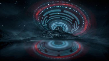 Soyut manzara ve adanın olduğu gelecekteki fantezi gece manzarası, ay ışığı, aydınlık, ay, neon. Suda ışık yansıması olan karanlık doğal bir sahne. Neon uzay galaksisi portalı. 3B illüstrasyon. 