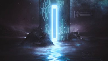 Soyut manzara ve adanın olduğu gelecekteki fantezi gece manzarası, ay ışığı, aydınlık, ay, neon. Suda ışık yansıması olan karanlık doğal bir sahne. Neon uzay galaksisi portalı. 3B illüstrasyon. 