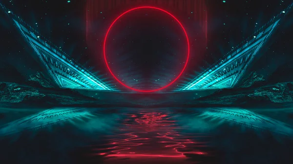 Futuristic fantasy night landscape with abstract landscape and island, moonlight, radiance, moon, neon. Dark natural scene with light reflection in water. Neon space galaxy portal. 3D illustration.