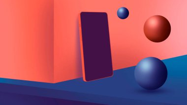 Boş ekranlı cep telefonu, minimal arkaplan, boş oda sahnesi. Bilgi grafikleri için şablon. 3B illüstrasyon.