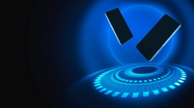 Boş ekranlı cep telefonu, minimalist fütüristik arka plan, boş karanlık oda sahnesi, mavi neon ışık. Bilgi grafikleri için şablon. 3B illüstrasyon.