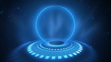 Minimalist fütürist arka plan, boş karanlık oda sahnesi, mavi neon ışık. Bilgi grafikleri için şablon. 3B illüstrasyon.