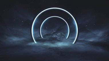 Soyut manzara ve adanın olduğu gelecekteki fantezi gece manzarası, ay ışığı, aydınlık, ay, neon. Suda ışık yansıması olan karanlık doğal bir sahne. Neon uzay galaksisi portalı. 3B illüstrasyon. 