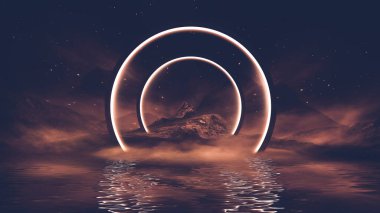 Soyut manzara ve adanın olduğu gelecekteki fantezi gece manzarası, ay ışığı, aydınlık, ay, neon. Suda ışık yansıması olan karanlık doğal bir sahne. Neon uzay galaksisi portalı. 3B illüstrasyon. 
