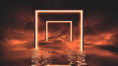 Soyut manzara ve adanın olduğu gelecekteki fantezi gece manzarası, ay ışığı, aydınlık, ay, neon. Suda ışık yansıması olan karanlık doğal bir sahne. Neon uzay galaksisi portalı. 3B illüstrasyon. 