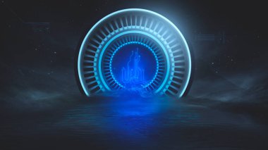 Soyut manzara ve adanın olduğu gelecekteki fantezi gece manzarası, ay ışığı, aydınlık, ay, neon. Suda ışık yansıması olan karanlık doğal bir sahne. Neon uzay galaksisi portalı. 3B illüstrasyon. 
