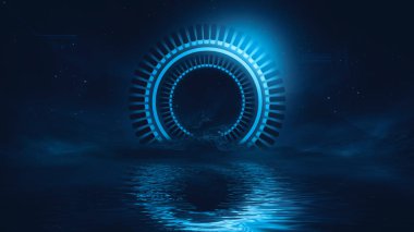 Soyut manzara ve adanın olduğu gelecekteki fantezi gece manzarası, ay ışığı, aydınlık, ay, neon. Suda ışık yansıması olan karanlık doğal bir sahne. Neon uzay galaksisi portalı. 3B illüstrasyon. 
