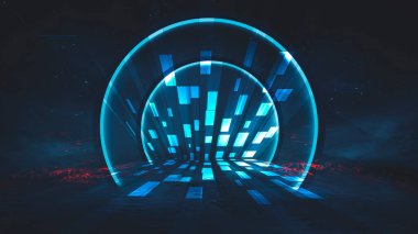 Soyut manzara ve adanın olduğu gelecekteki fantezi gece manzarası, ay ışığı, aydınlık, ay, neon. Suda ışık yansıması olan karanlık doğal bir sahne. Neon uzay galaksisi portalı. 3B illüstrasyon. 