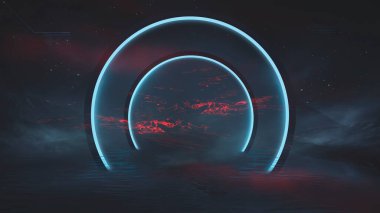 Soyut manzara ve adanın olduğu gelecekteki fantezi gece manzarası, ay ışığı, aydınlık, ay, neon. Suda ışık yansıması olan karanlık doğal bir sahne. Neon uzay galaksisi portalı. 3B illüstrasyon. 