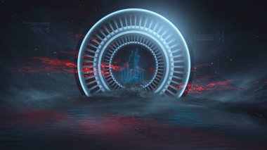 Soyut manzara ve adanın olduğu gelecekteki fantezi gece manzarası, ay ışığı, aydınlık, ay, neon. Suda ışık yansıması olan karanlık doğal bir sahne. Neon uzay galaksisi portalı. 3B illüstrasyon. 