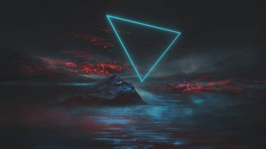 Soyut manzara ve adanın olduğu gelecekteki fantezi gece manzarası, ay ışığı, aydınlık, ay, neon. Suda ışık yansıması olan karanlık doğal bir sahne. Neon uzay galaksisi portalı. 3B illüstrasyon. 