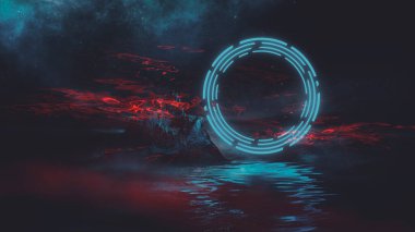 Soyut manzara ve adanın olduğu gelecekteki fantezi gece manzarası, ay ışığı, aydınlık, ay, neon. Suda ışık yansıması olan karanlık doğal bir sahne. Neon uzay galaksisi portalı. 3B illüstrasyon. 