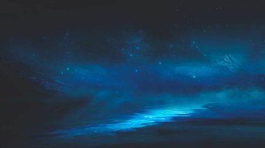 Soyut manzara ve adanın olduğu gelecekteki fantezi gece manzarası, ay ışığı, aydınlık, ay, neon. Suda ışık yansıması olan karanlık doğal bir sahne. Neon uzay galaksisi portalı. 3B illüstrasyon. 