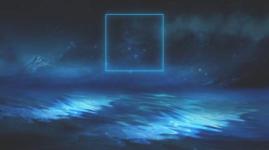 Soyut manzara ve adanın olduğu gelecekteki fantezi gece manzarası, ay ışığı, aydınlık, ay, neon. Suda ışık yansıması olan karanlık doğal bir sahne. Neon uzay galaksisi portalı. 3B illüstrasyon. 