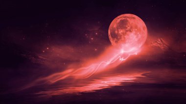 Soyut manzara ve adanın olduğu gelecekteki fantezi gece manzarası, ay ışığı, aydınlık, ay, neon. Suda ışık yansıması olan karanlık doğal bir sahne. Neon uzay galaksisi portalı. 3B illüstrasyon. 