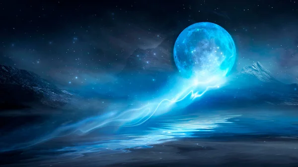 Futuristic Fantasy Night Landscape Abstract Landscape Island Moonlight Radiance Moon — Stock Photo, Image