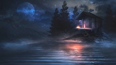 Gece fantezi manzarası, soyut dağlar ve suyun üzerindeki ada, sahildeki ahşap ev, ay ışığı, sis, gece lambası. Üç Boyut 