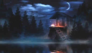 Gece fantezi manzarası, soyut dağlar ve suyun üzerindeki ada, sahildeki ahşap ev, ay ışığı, sis, gece lambası. Üç Boyut 