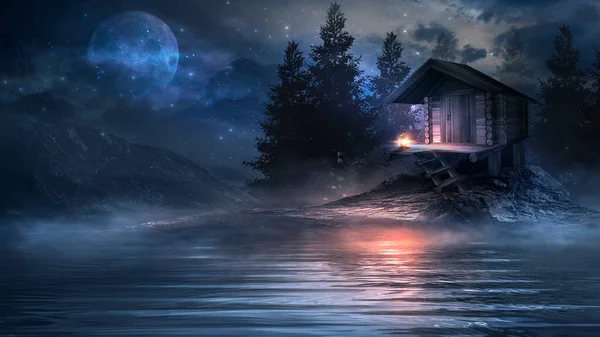 Night Fantasy Landscape Abstract Mountains Island Water Wooden House Shore — Stock Photo, Image