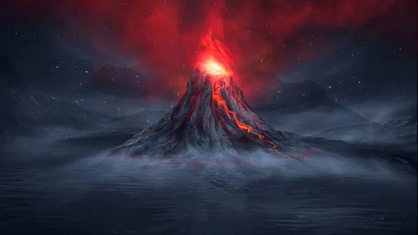 Ночной Фантастический Пейзаж Абстрактными Горами Островом Воде Взрывной Вулкан Горящей — стоковое фото