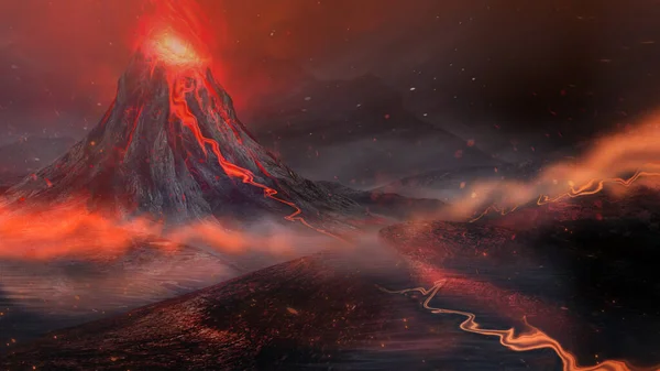 추상적 빛으로 타오르는 폭발적 화산들로 이루어진 판타지 속에서 반사되는 어두운 — 스톡 사진