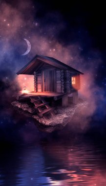 Suyun üzerinde taşlardan oluşan bir adanın olduğu gece fantezi manzarası, su üzerinde ahşap fantezi evi, gece, ay ışığı, sis, gece feneri, suda yansıma..