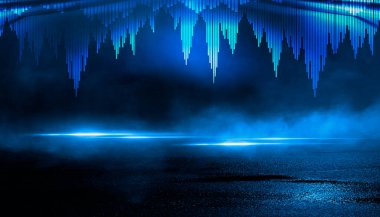 Soyut neon fütüristik arka plan. Işık ışınlarının bozulması. Karanlık fütüristik sahne, duman, sis, ışınlar ve çizgiler. İllüzyon fantastik, neon arka plan, tünel. Neon ışıkları olan karanlık sokak sahnesi. 