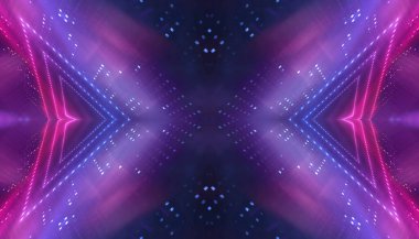 Soyut neon fütüristik arka plan. Işık ışınlarının bozulması. Karanlık fütüristik sahne, duman, sis, ışınlar ve çizgiler. İllüzyon fantastik, neon arka plan, tünel. Neon ışıkları olan karanlık sokak sahnesi. 